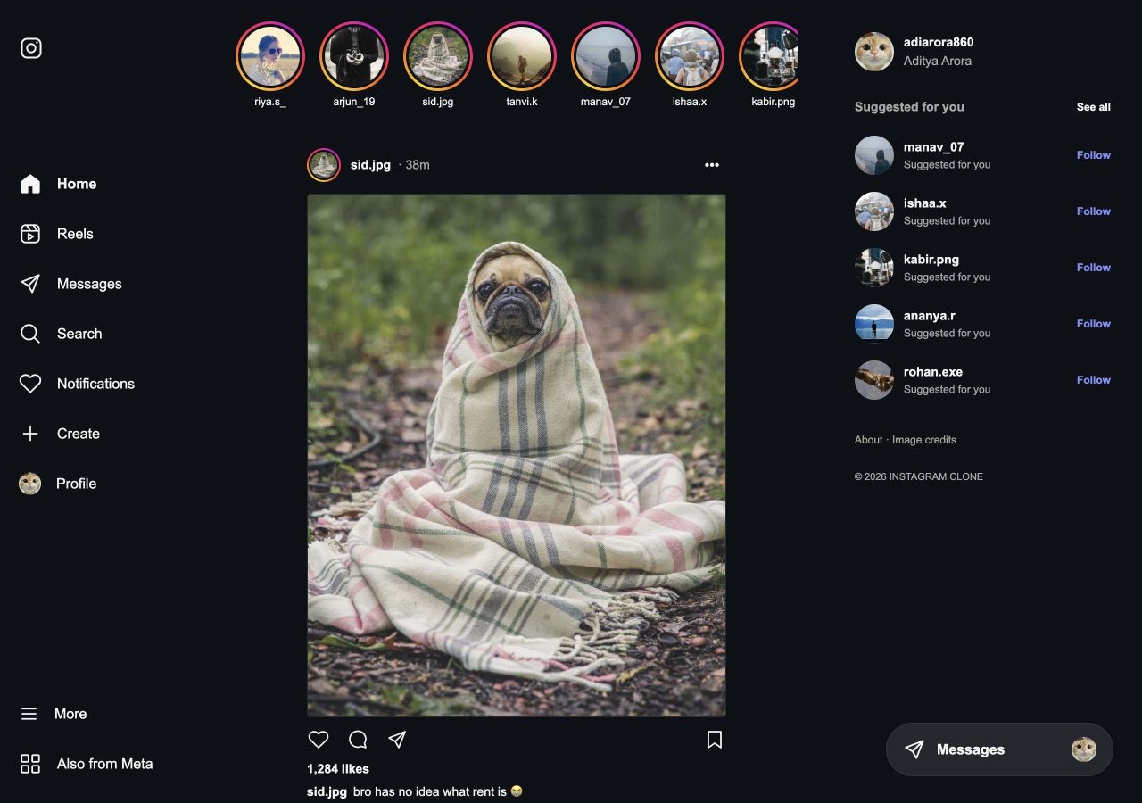 Instagram-inspired local demo showing fictional profiles and a photo feed.
