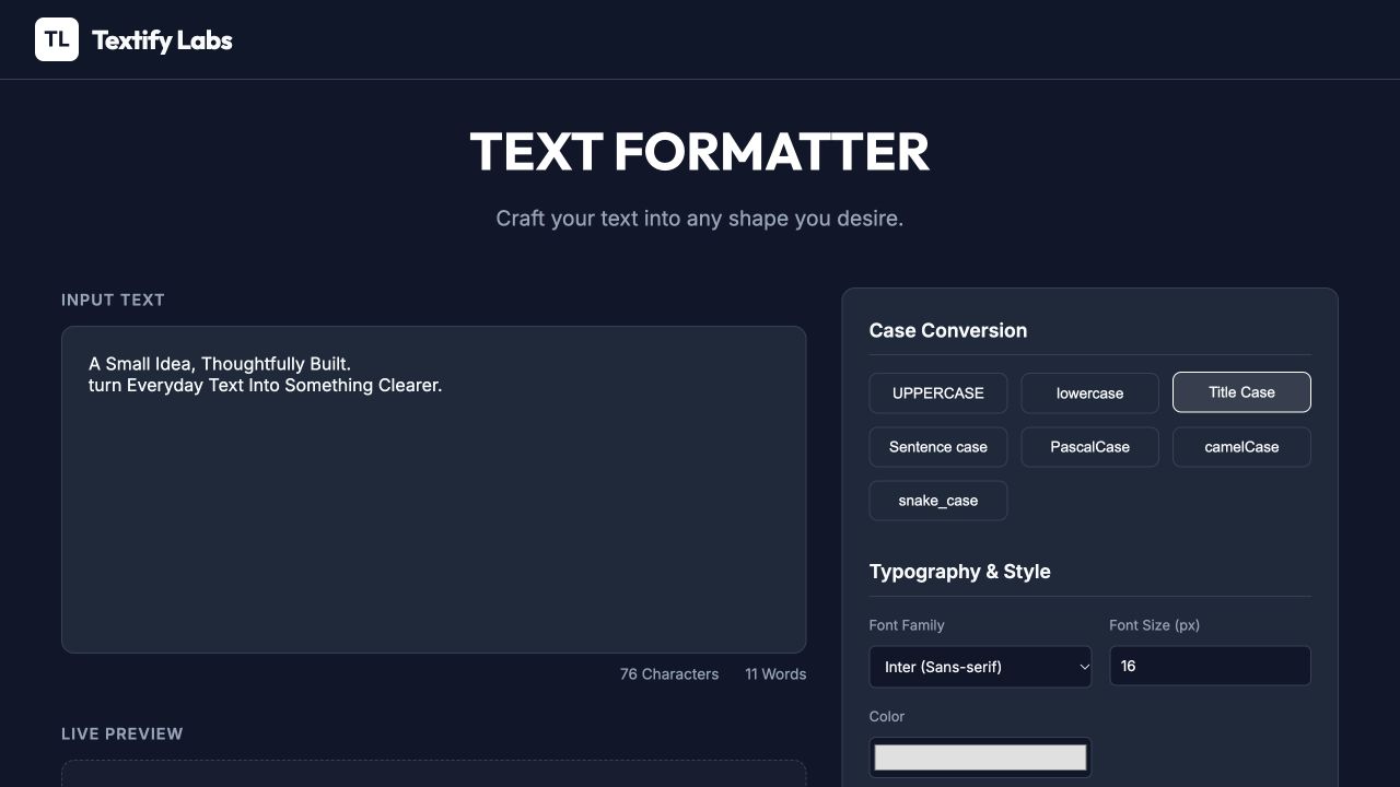 TextFormatter running with sample text, case conversion buttons, and typography controls.